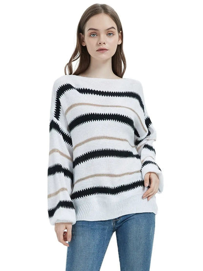 Sweaters Long Sleeve Crew Striped Oversized Knitted Pullover Tops - Get it from Bo