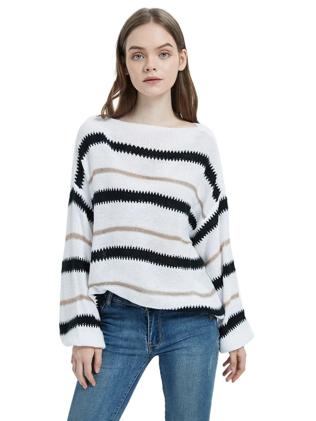 Sweaters Long Sleeve Crew Striped Oversized Knitted Pullover Tops - Get it from Bo