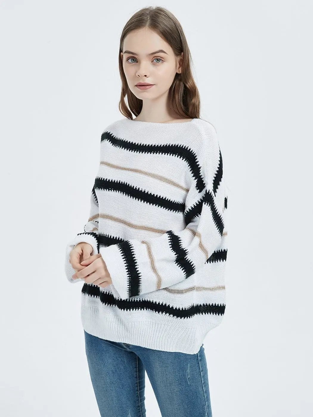 Sweaters Long Sleeve Crew Striped Oversized Knitted Pullover Tops - Get it from Bo
