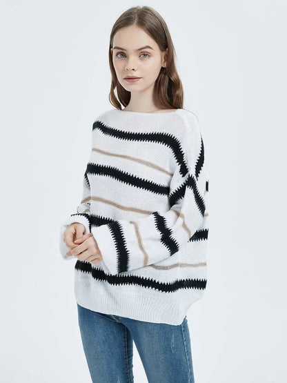 Sweaters Long Sleeve Crew Striped Oversized Knitted Pullover Tops - Get it from Bo