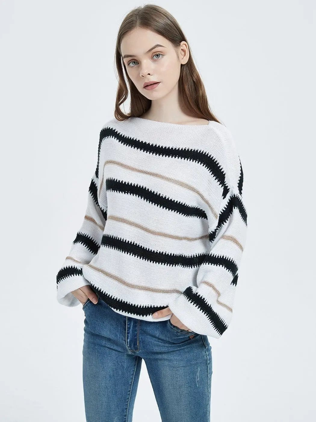 Sweaters Long Sleeve Crew Striped Oversized Knitted Pullover Tops - Get it from Bo