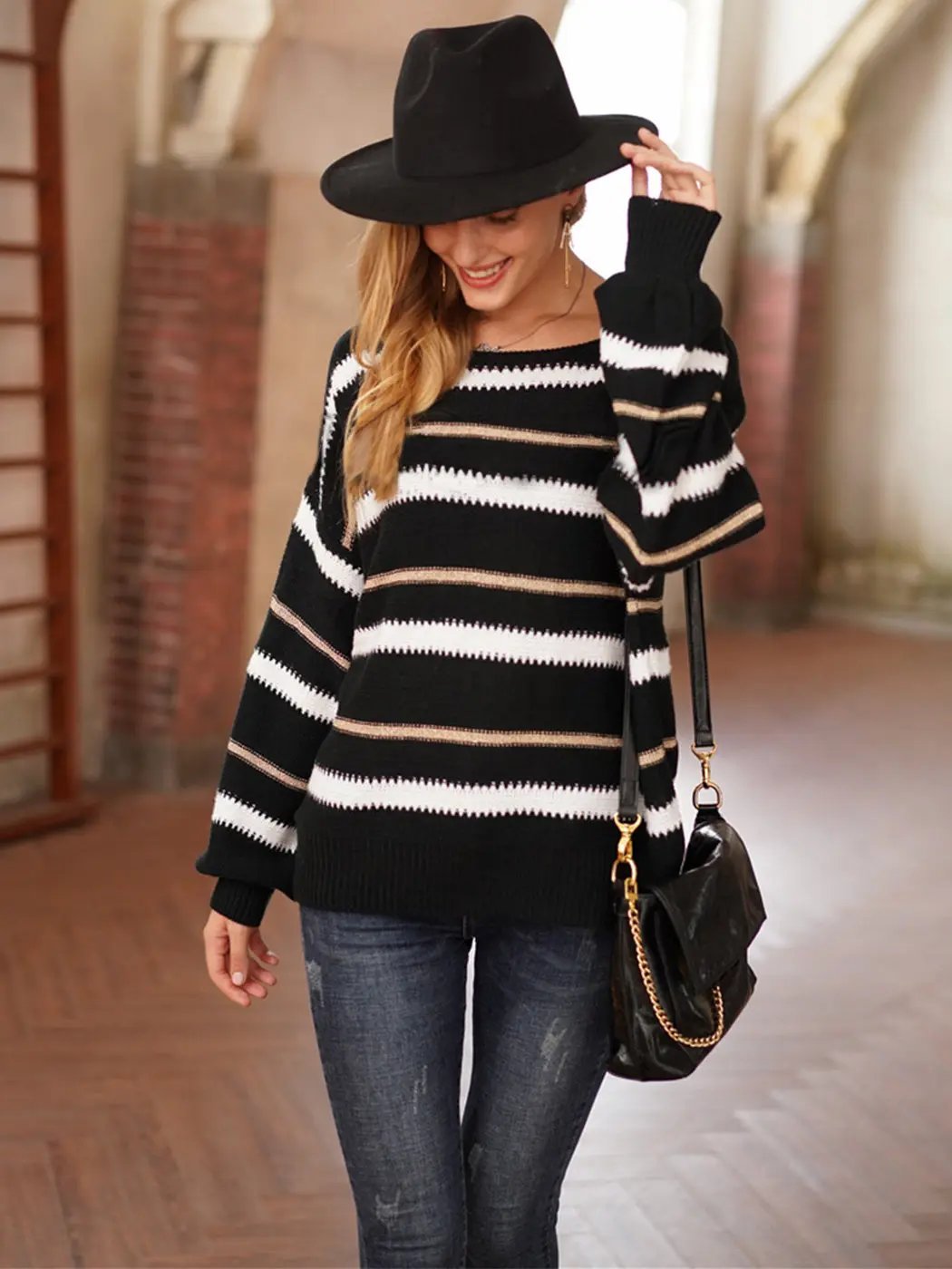 Sweaters Long Sleeve Crew Striped Oversized Knitted Pullover Tops - Get it from Bo