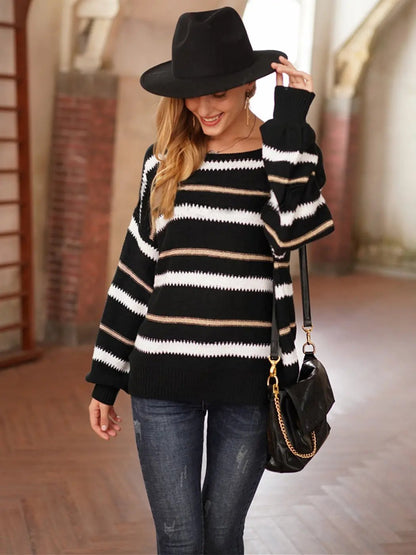 Sweaters Long Sleeve Crew Striped Oversized Knitted Pullover Tops - Get it from Bo