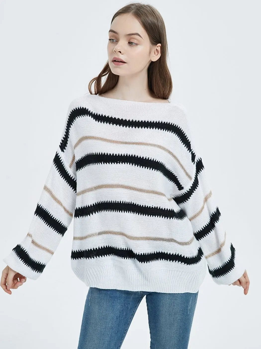 Sweaters Long Sleeve Crew Striped Oversized Knitted Pullover Tops - Get it from Bo