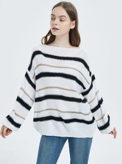 Sweaters Long Sleeve Crew Striped Oversized Knitted Pullover Tops - Get it from Bo