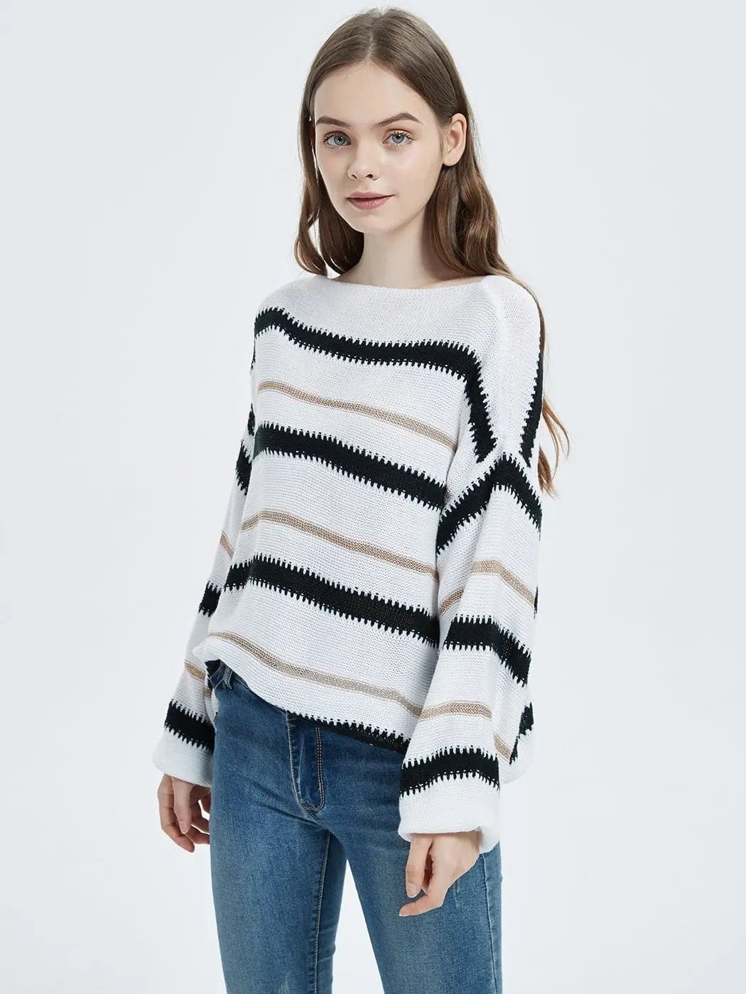 Sweaters Long Sleeve Crew Striped Oversized Knitted Pullover Tops - Get it from Bo