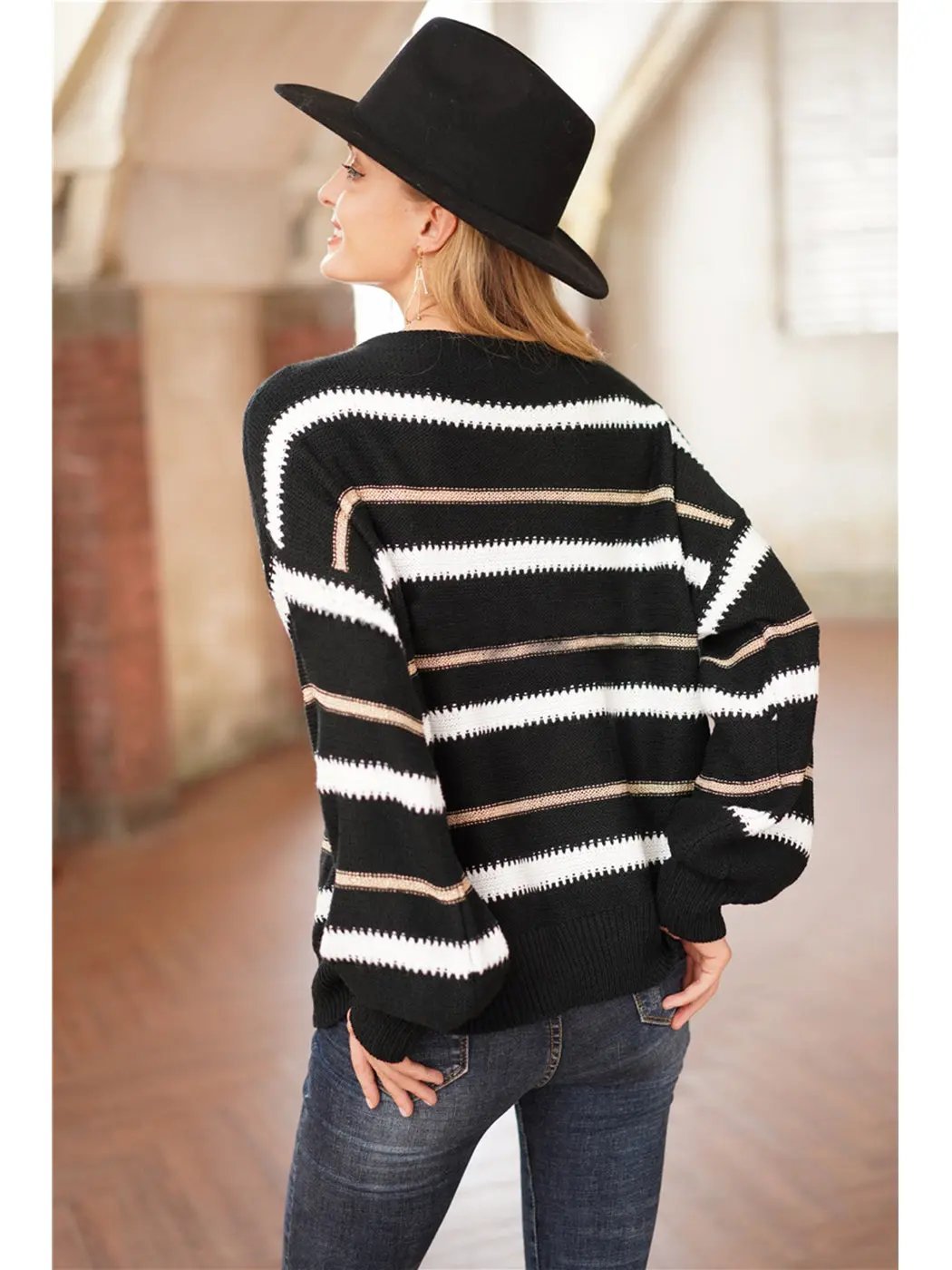 Sweaters Long Sleeve Crew Striped Oversized Knitted Pullover Tops - Get it from Bo