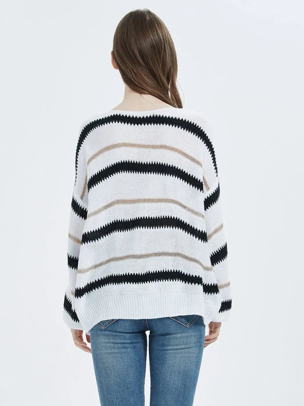 Sweaters Long Sleeve Crew Striped Oversized Knitted Pullover Tops - Get it from Bo