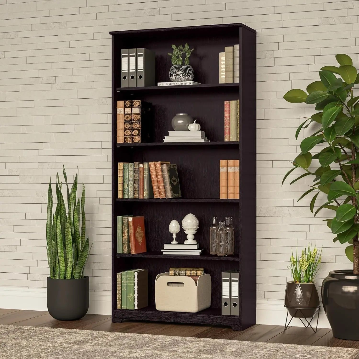 Tall Five Shelf Bookcase Espresso Oak For Living Room - Get it from Bo