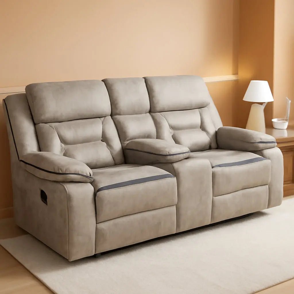Taupe Recliner Loveseat With Center Console Manual Recline - Get it from Bo