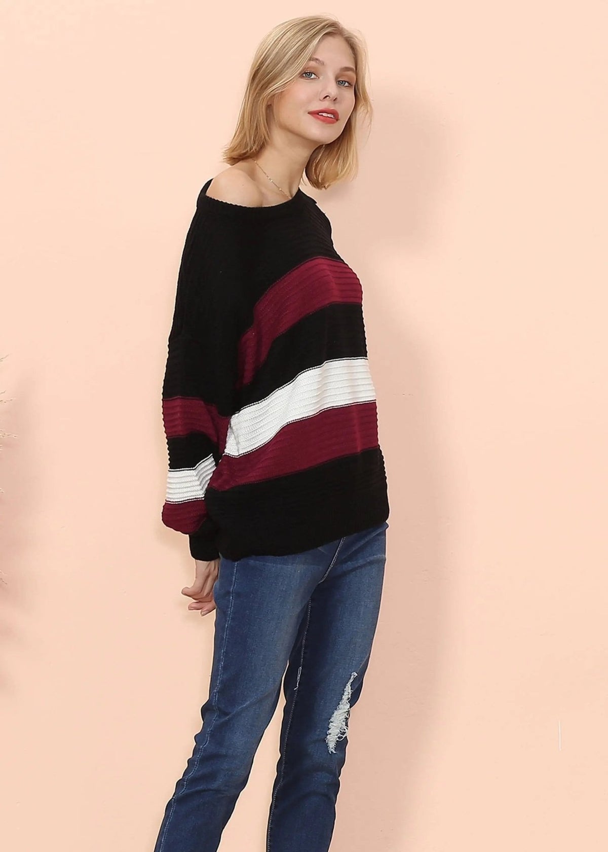 Textured Knit Striped Sweater - Get it from Bo
