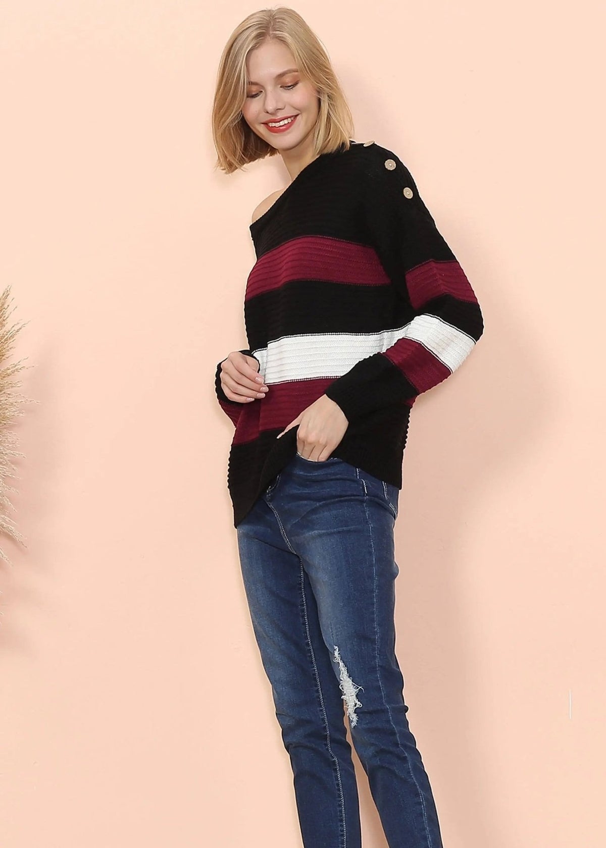 Textured Knit Striped Sweater - Get it from Bo