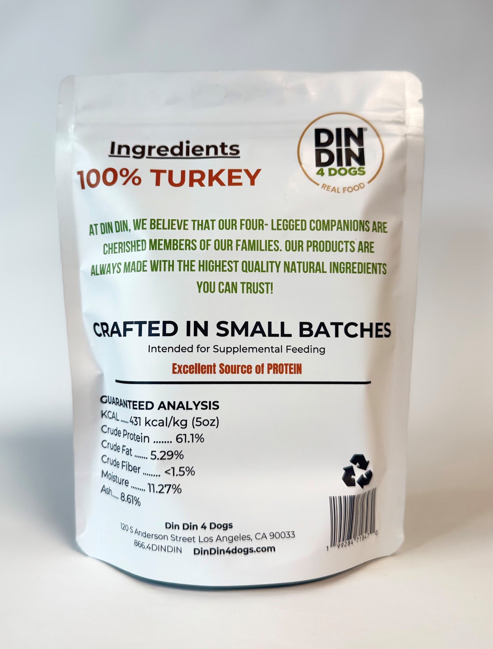 100% Turkey Dog Treats, 5 Ounce Bag, Single Ingredient, High Protein Din Din 4 Dogs