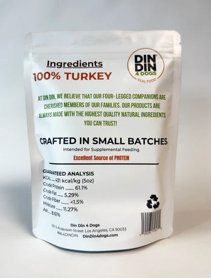 100% Turkey Dog Treats, 5 Ounce Bag, Single Ingredient, High Protein Din Din 4 Dogs