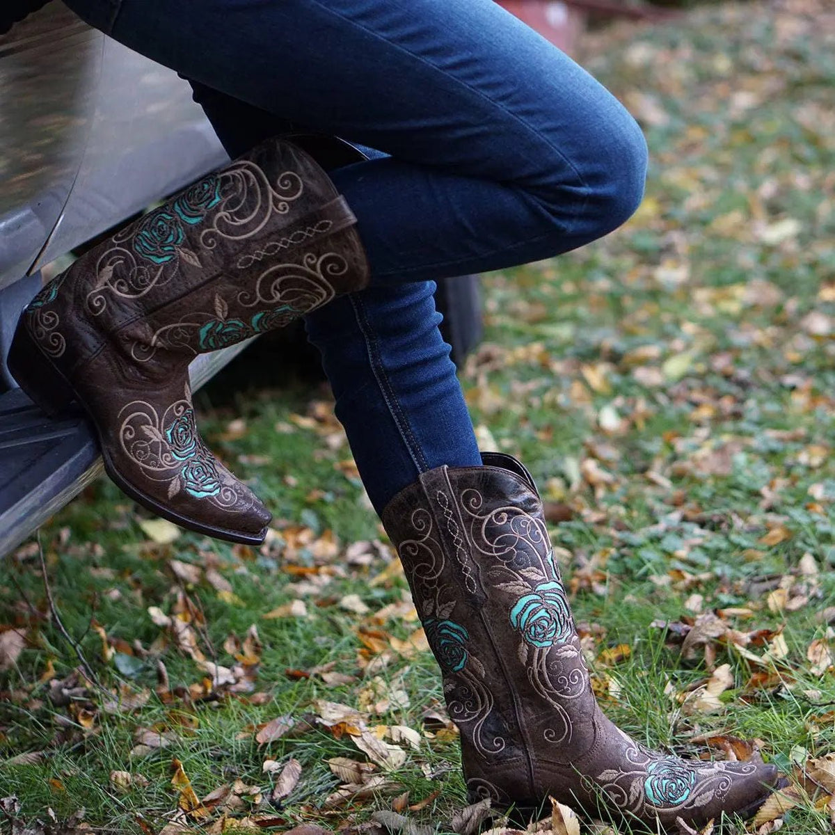 Turquoise Rose Inlayed Women's Cowgirl Boots (M50032) - Get it from Bo