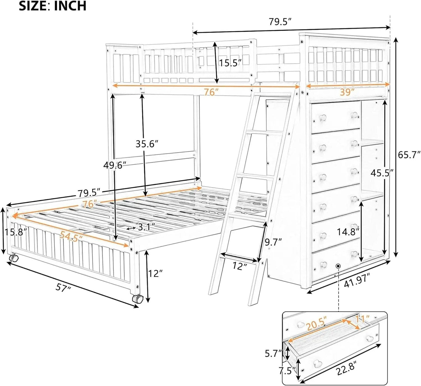 Twin over Full Bunk Bed with Storage, Solid Wood Bunk Bed with 6 Drawers and 3 Flexible Shelves, Twin Loft Bed with Movable Lower Bed, Bottom Bed with Wheels, for Kids Teens Adults (Espresso) - Get it from Bo