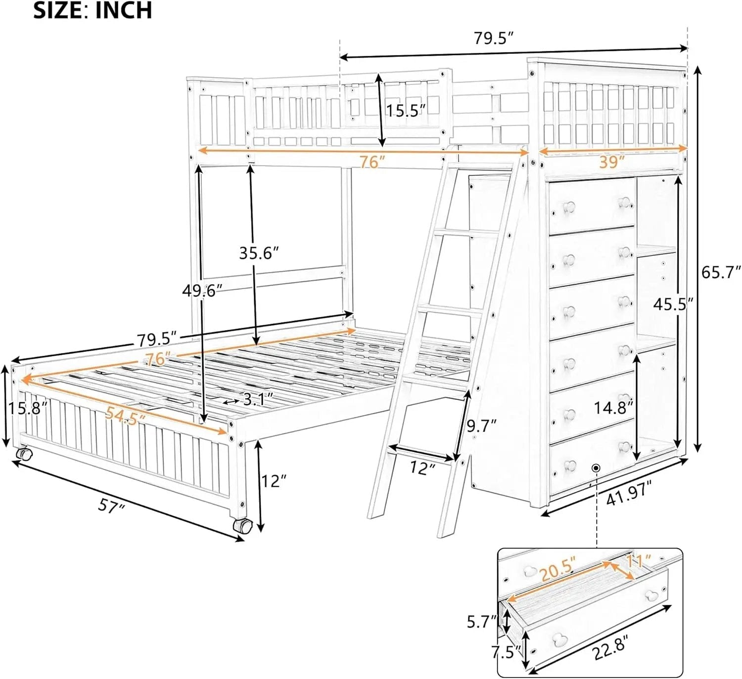 Twin over Full Bunk Bed with Storage, Solid Wood Bunk Bed with 6 Drawers and 3 Flexible Shelves, Twin Loft Bed with Movable Lower Bed, Bottom Bed with Wheels, for Kids Teens Adults (Espresso) - Get it from Bo