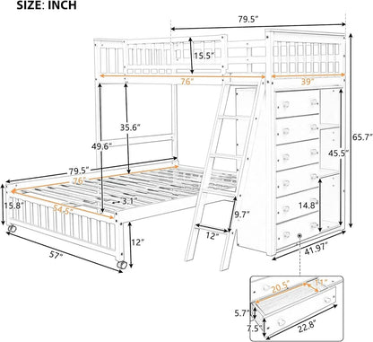 Twin over Full Bunk Bed with Storage, Solid Wood Bunk Bed with 6 Drawers and 3 Flexible Shelves, Twin Loft Bed with Movable Lower Bed, Bottom Bed with Wheels, for Kids Teens Adults (Espresso) - Get it from Bo