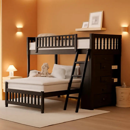 Twin over Full Bunk Bed with Storage, Solid Wood Bunk Bed with 6 Drawers and 3 Flexible Shelves, Twin Loft Bed with Movable Lower Bed, Bottom Bed with Wheels, for Kids Teens Adults (Espresso) - Get it from Bo