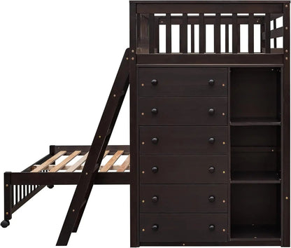 Twin over Full Bunk Bed with Storage, Solid Wood Bunk Bed with 6 Drawers and 3 Flexible Shelves, Twin Loft Bed with Movable Lower Bed, Bottom Bed with Wheels, for Kids Teens Adults (Espresso) - Get it from Bo