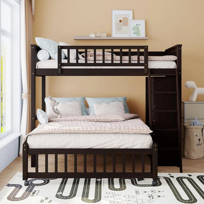 Twin over Full Bunk Bed with Storage, Solid Wood Bunk Bed with 6 Drawers and 3 Flexible Shelves, Twin Loft Bed with Movable Lower Bed, Bottom Bed with Wheels, for Kids Teens Adults (Espresso) - Get it from Bo