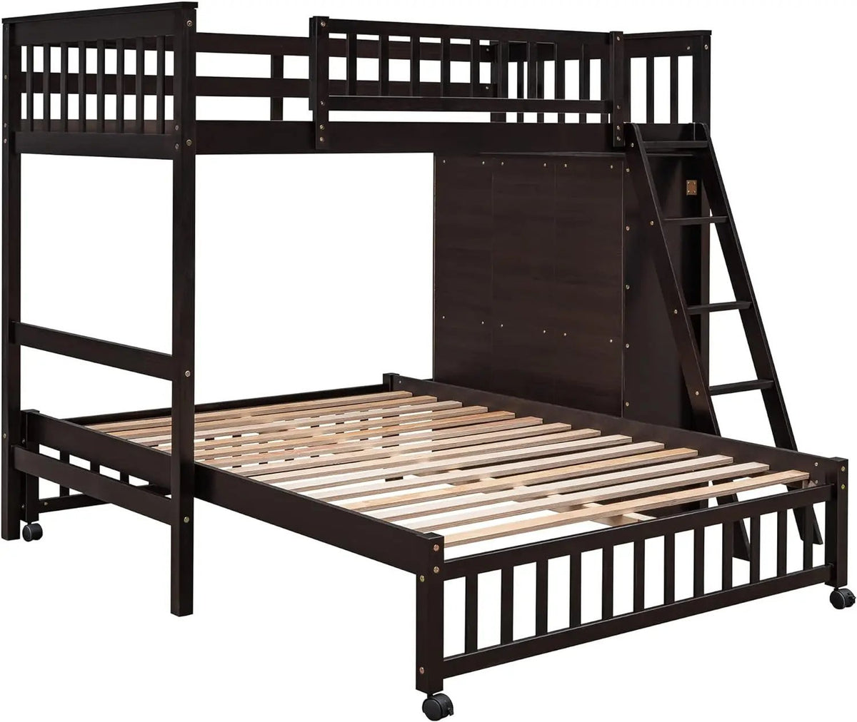 Twin over Full Bunk Bed with Storage, Solid Wood Bunk Bed with 6 Drawers and 3 Flexible Shelves, Twin Loft Bed with Movable Lower Bed, Bottom Bed with Wheels, for Kids Teens Adults (Espresso) - Get it from Bo