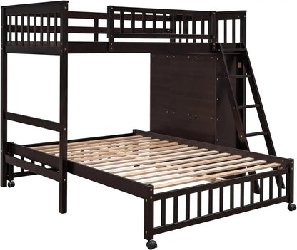 Twin over Full Bunk Bed with Storage, Solid Wood Bunk Bed with 6 Drawers and 3 Flexible Shelves, Twin Loft Bed with Movable Lower Bed, Bottom Bed with Wheels, for Kids Teens Adults (Espresso) - Get it from Bo