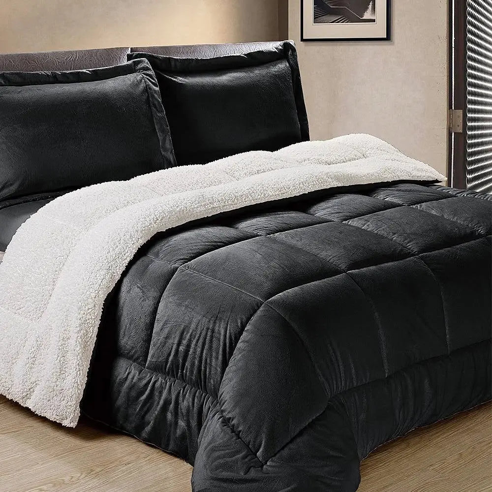 Twin Size 2 Piece Ultra Soft Sherpa Wrinkle Resistant Comforter Set in Black - Get it from Bo