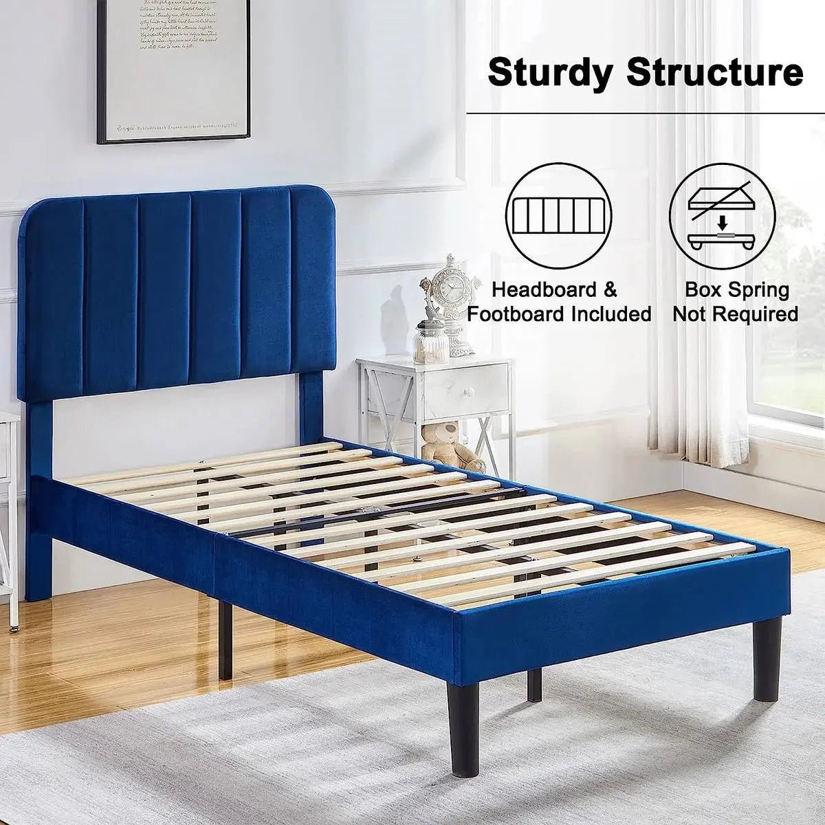 Twin size Blue Upholstered Platform Bed Frame with Headboard - Get it from Bo