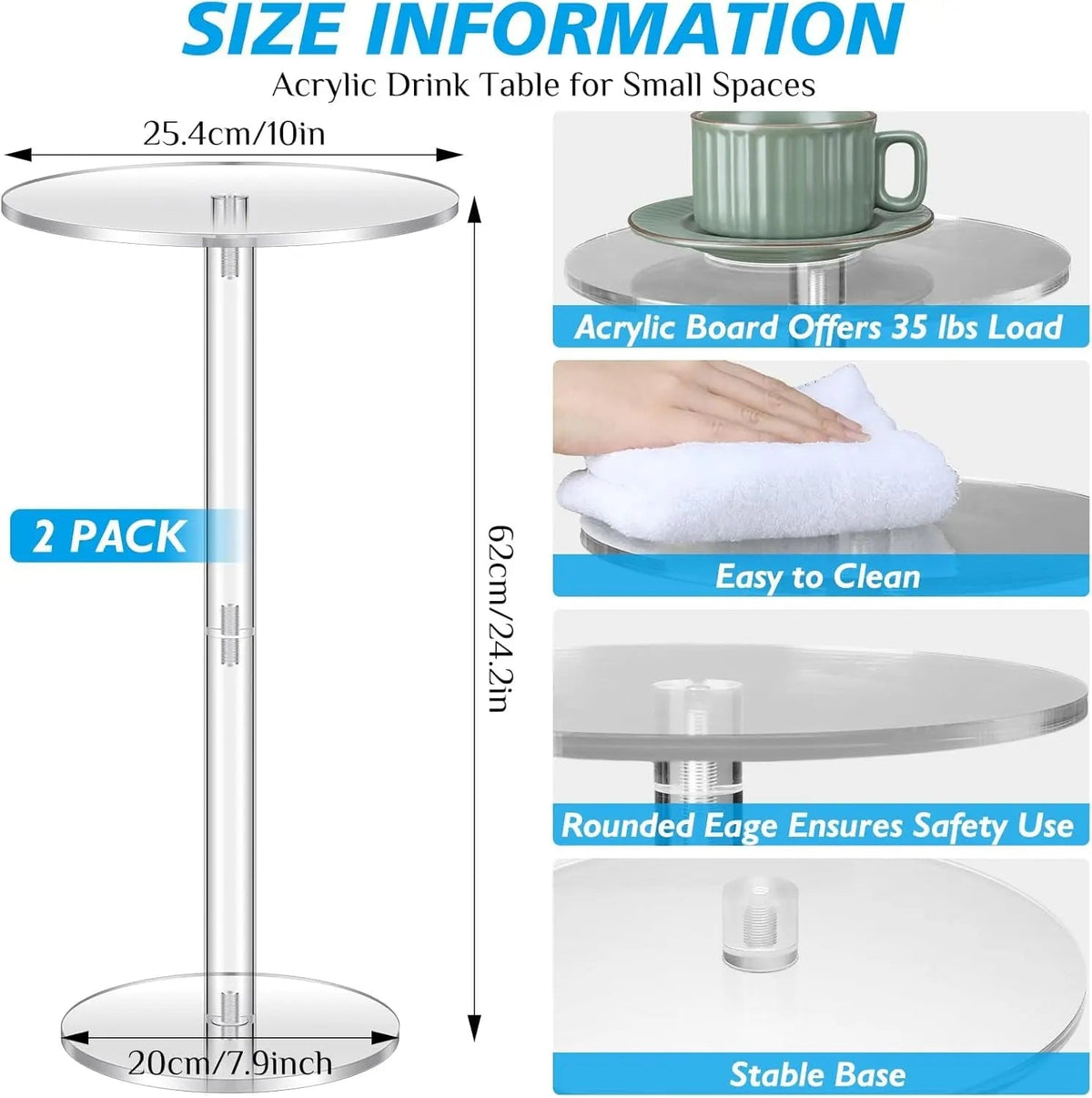 Two Piece Acrylic Side Tables Clear 10x10x24.2Inches - Get it from Bo