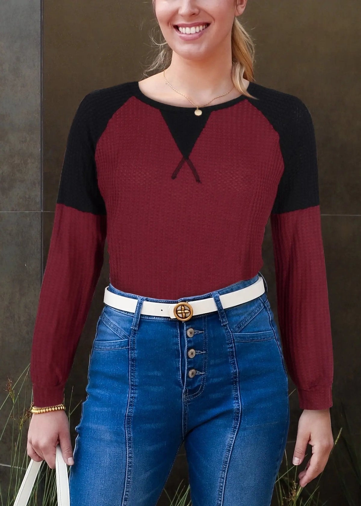 Two Tone Waffle Knit Crewneck Sweater - Get it from Bo