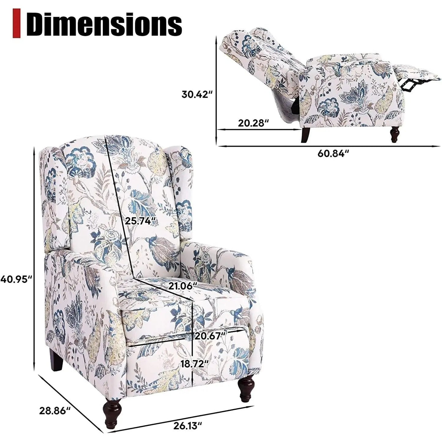 Upholstered Wingback Recliner Chair Blue Floral Elegant - Get it from Bo