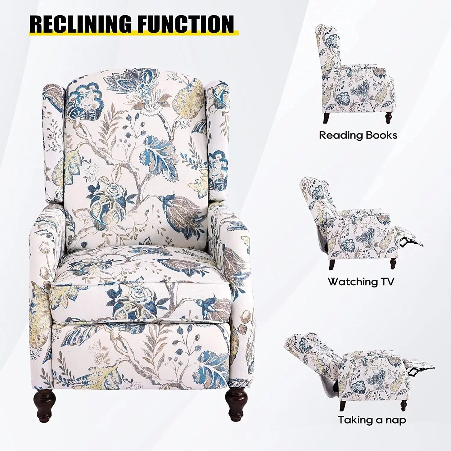 Upholstered Wingback Recliner Chair Blue Floral Elegant - Get it from Bo