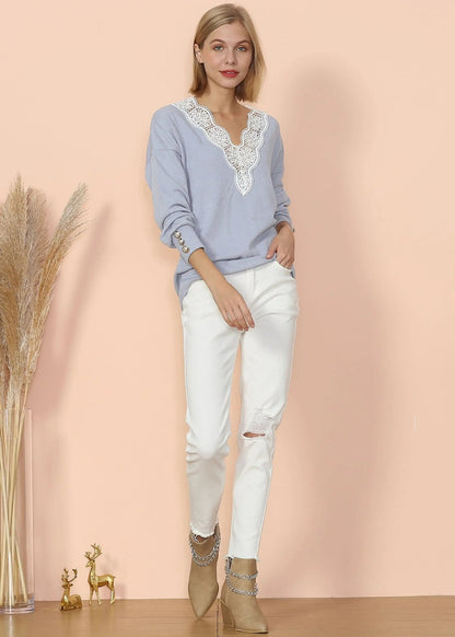 V Neck Lace Trim Sweater - Get it from Bo