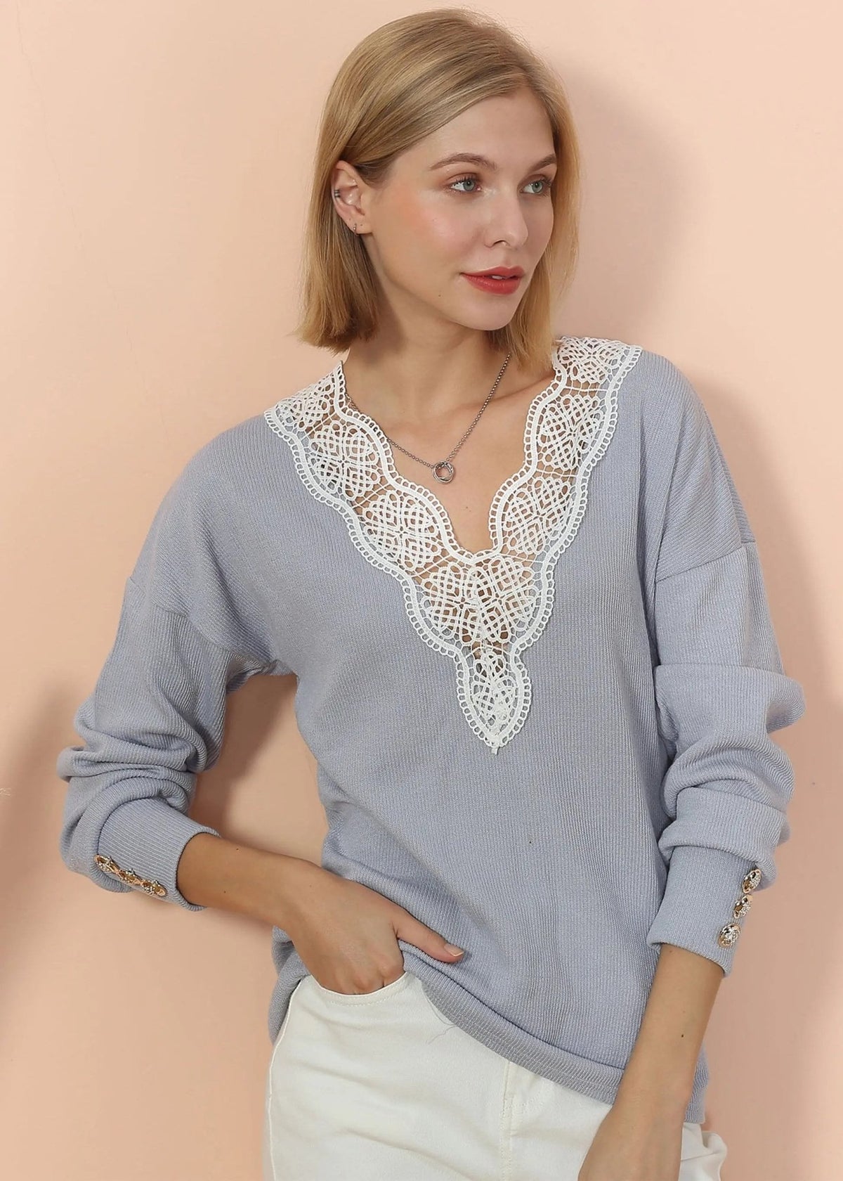 V Neck Lace Trim Sweater - Get it from Bo