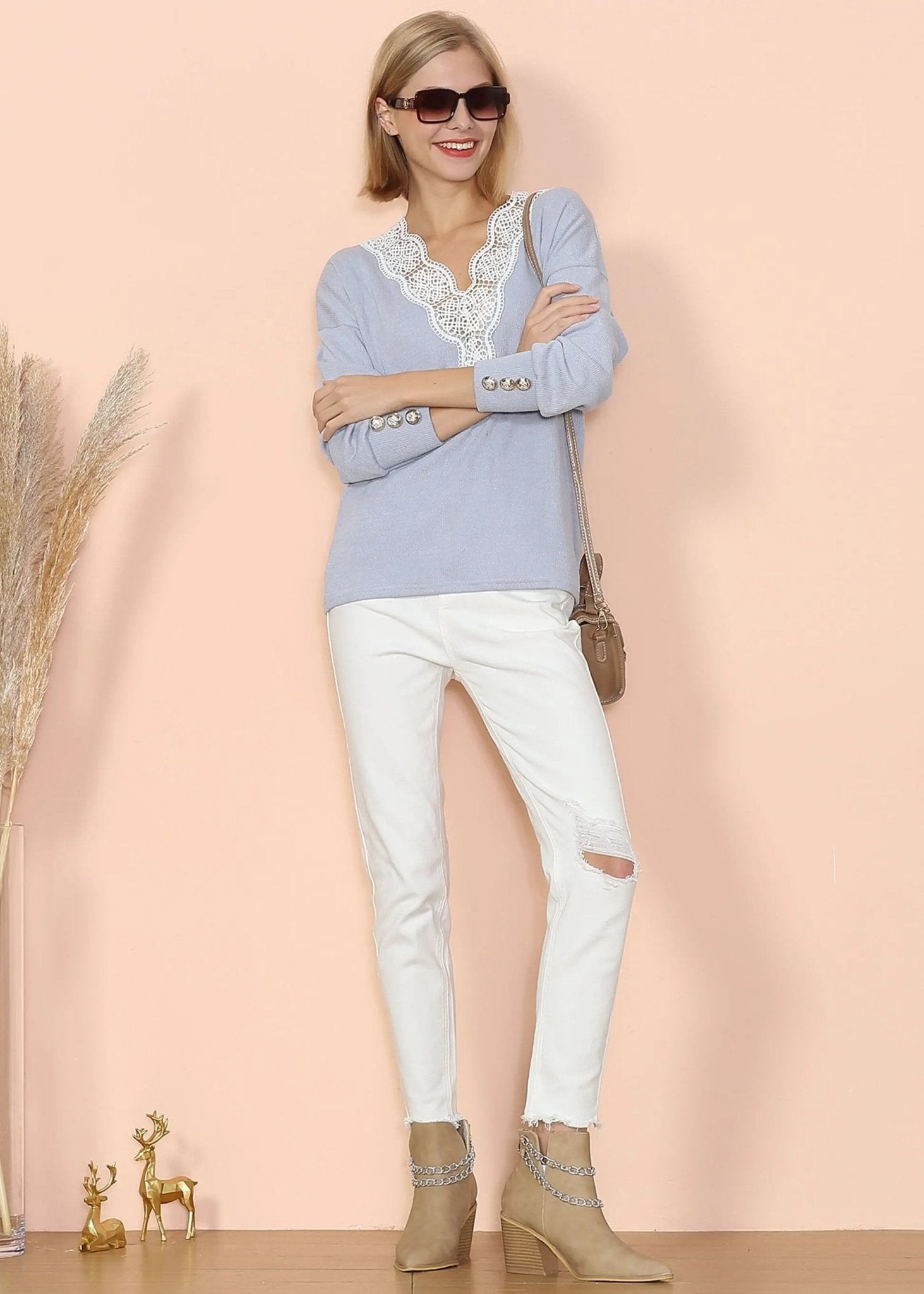 V Neck Lace Trim Sweater - Get it from Bo