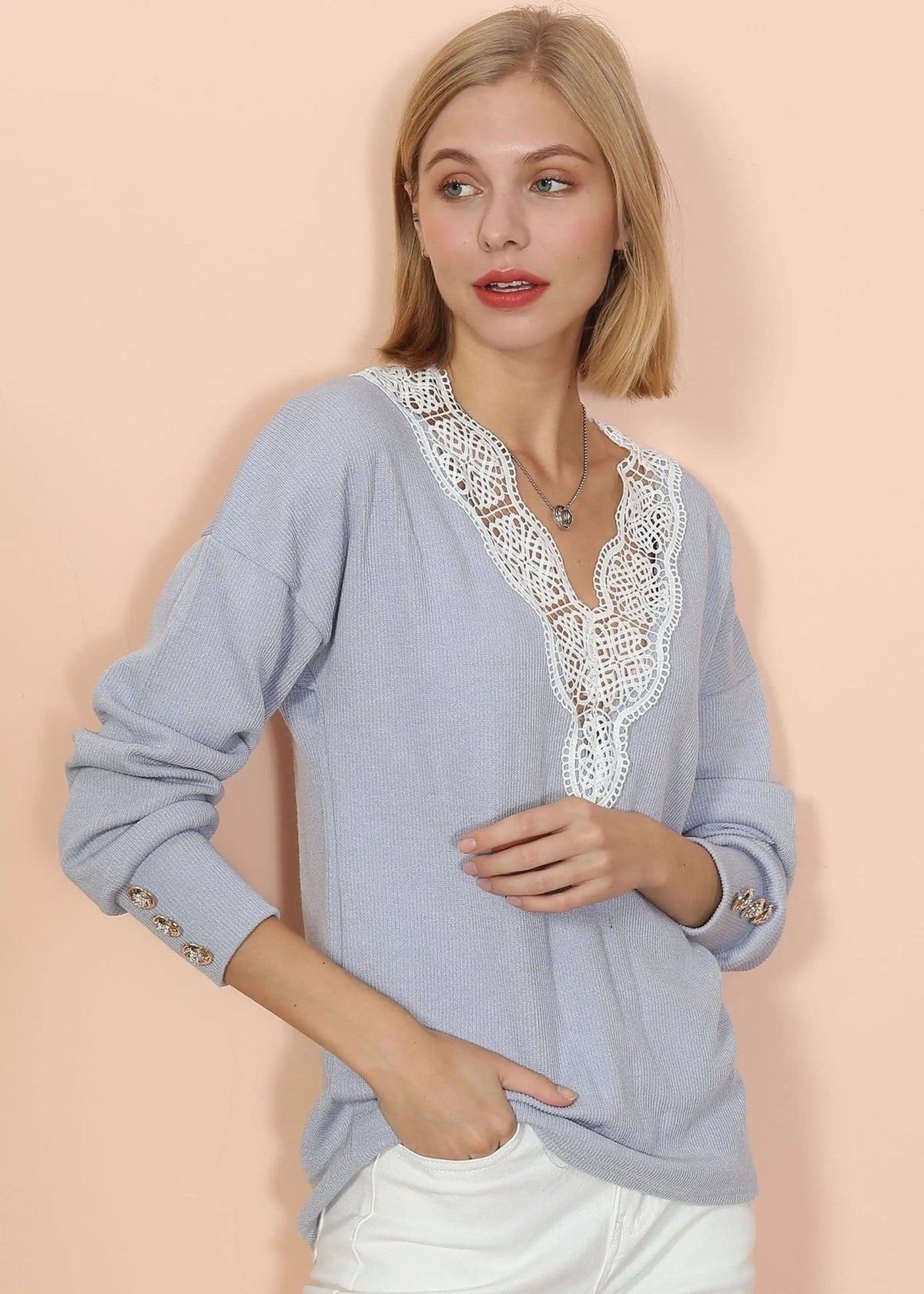 V Neck Lace Trim Sweater - Get it from Bo