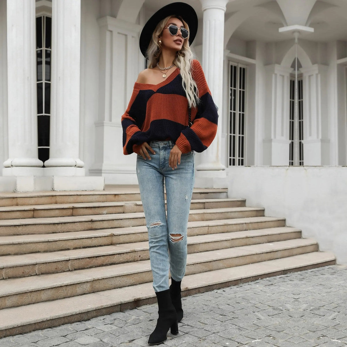 V Neck Striped Fall Sweater - Get it from Bo