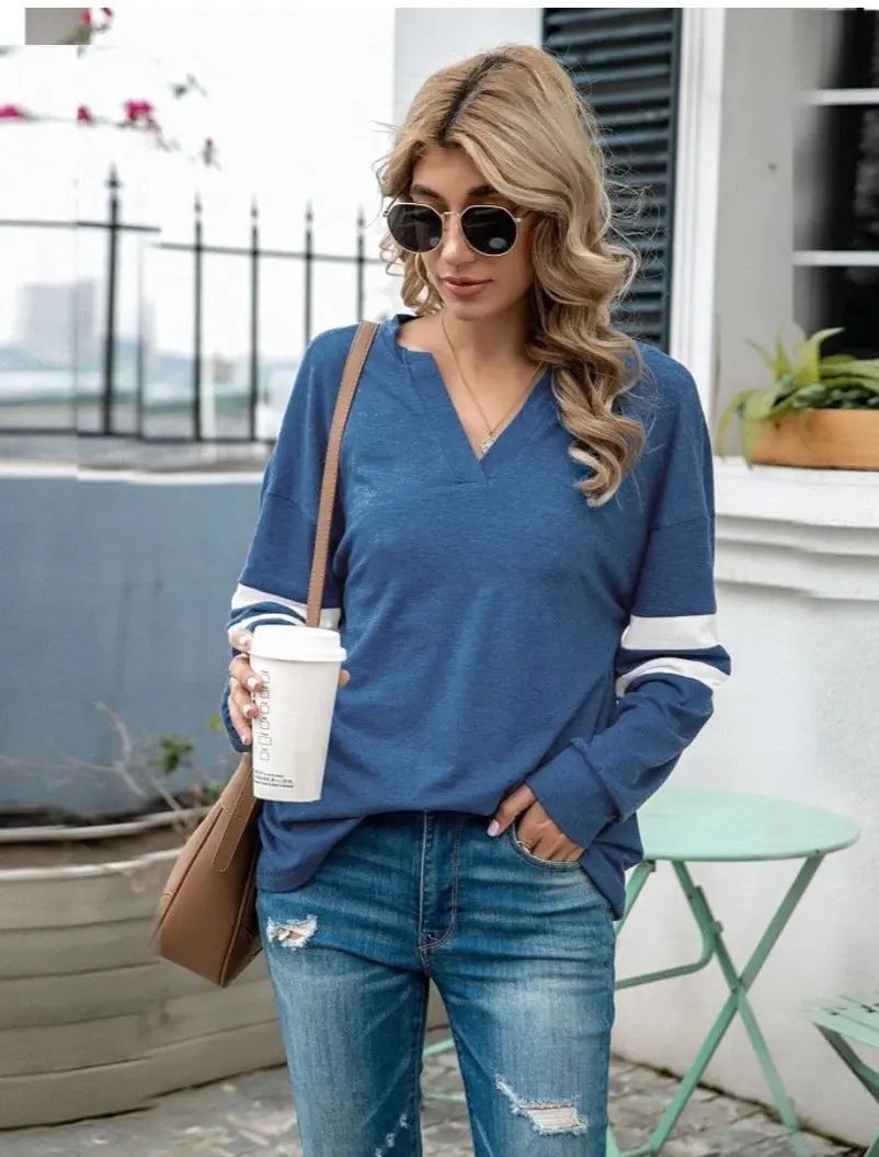 V Neck Striped Sleeve Sweater - Get it from Bo