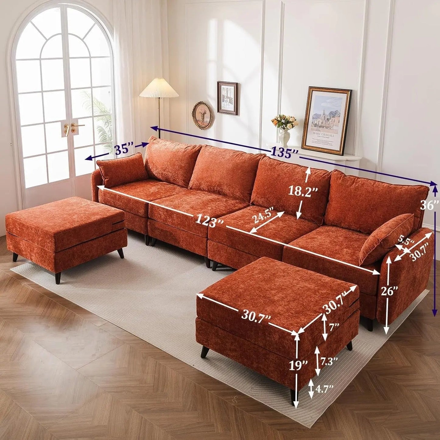 Velvet Orange 135 Modular Sectional Sofa Storage Ottoman - Get it from Bo