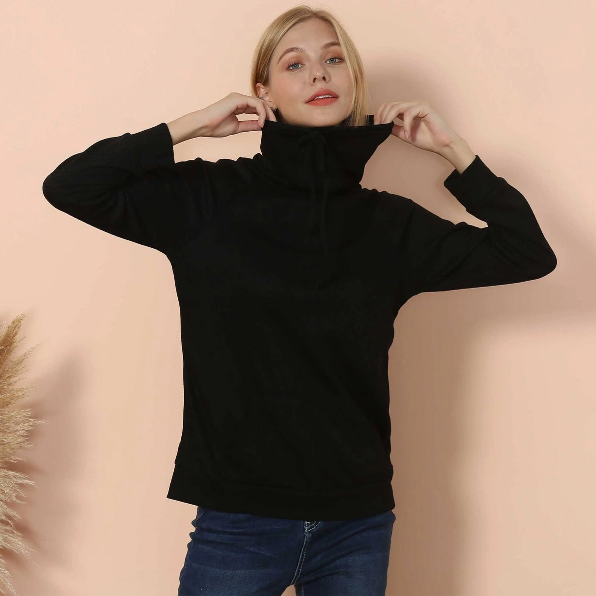 Waffle Knit Cowl Neck Pullover - Get it from Bo