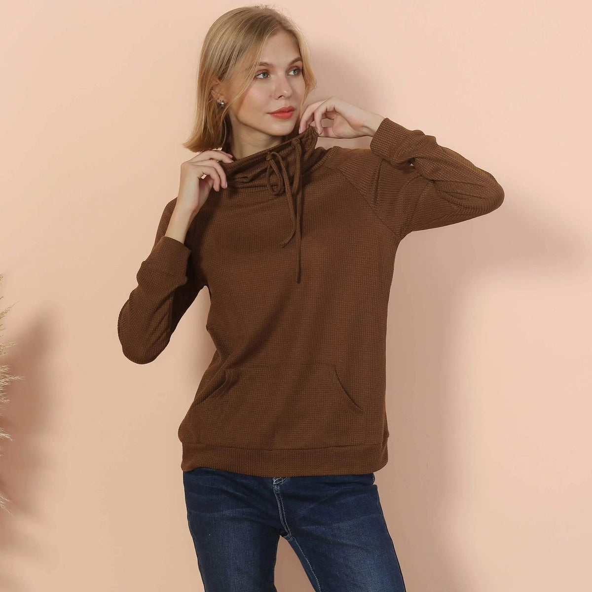 Waffle Knit Cowl Neck Pullover - Get it from Bo