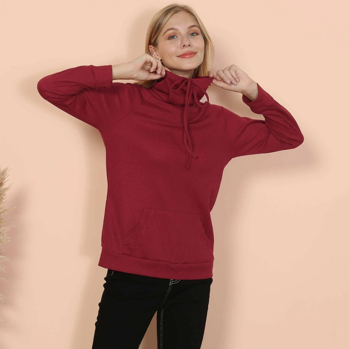 Waffle Knit Cowl Neck Pullover - Get it from Bo