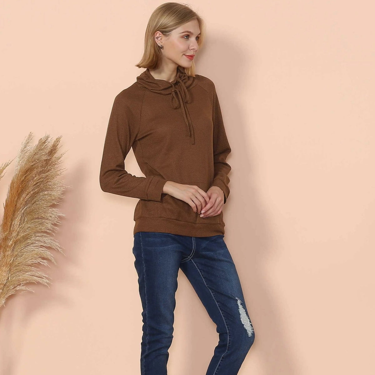 Waffle Knit Cowl Neck Pullover - Get it from Bo
