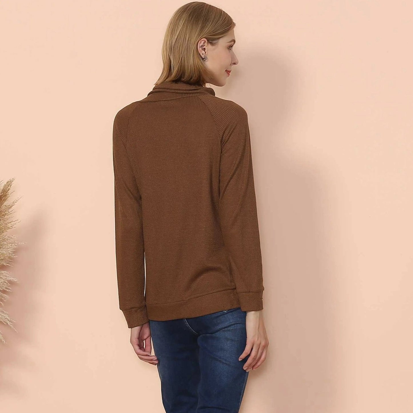 Waffle Knit Cowl Neck Pullover - Get it from Bo
