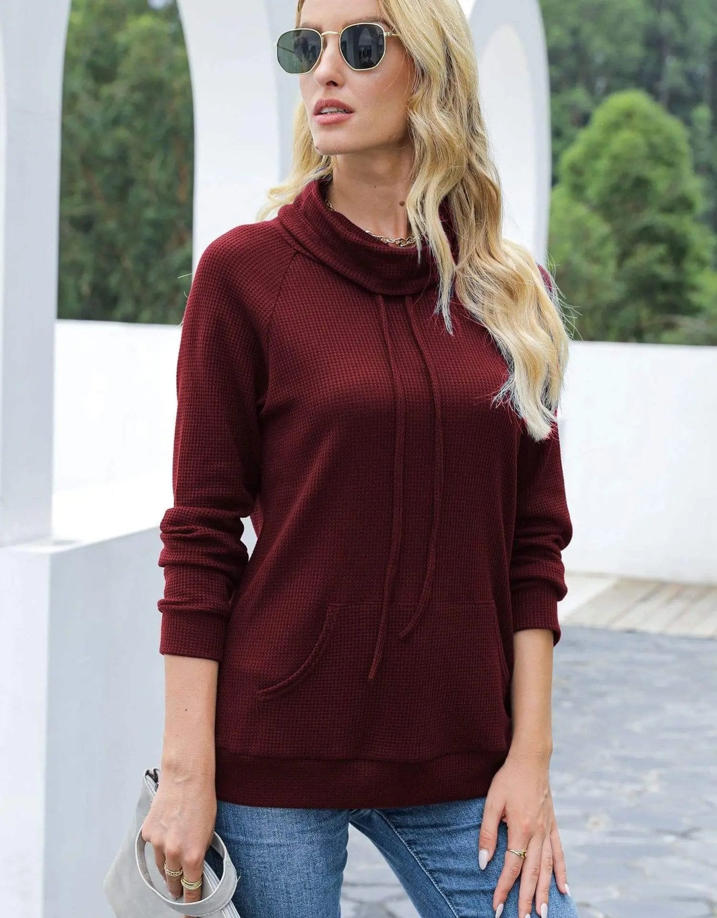 Waffle Knit Cowl Neck Pullover - Get it from Bo