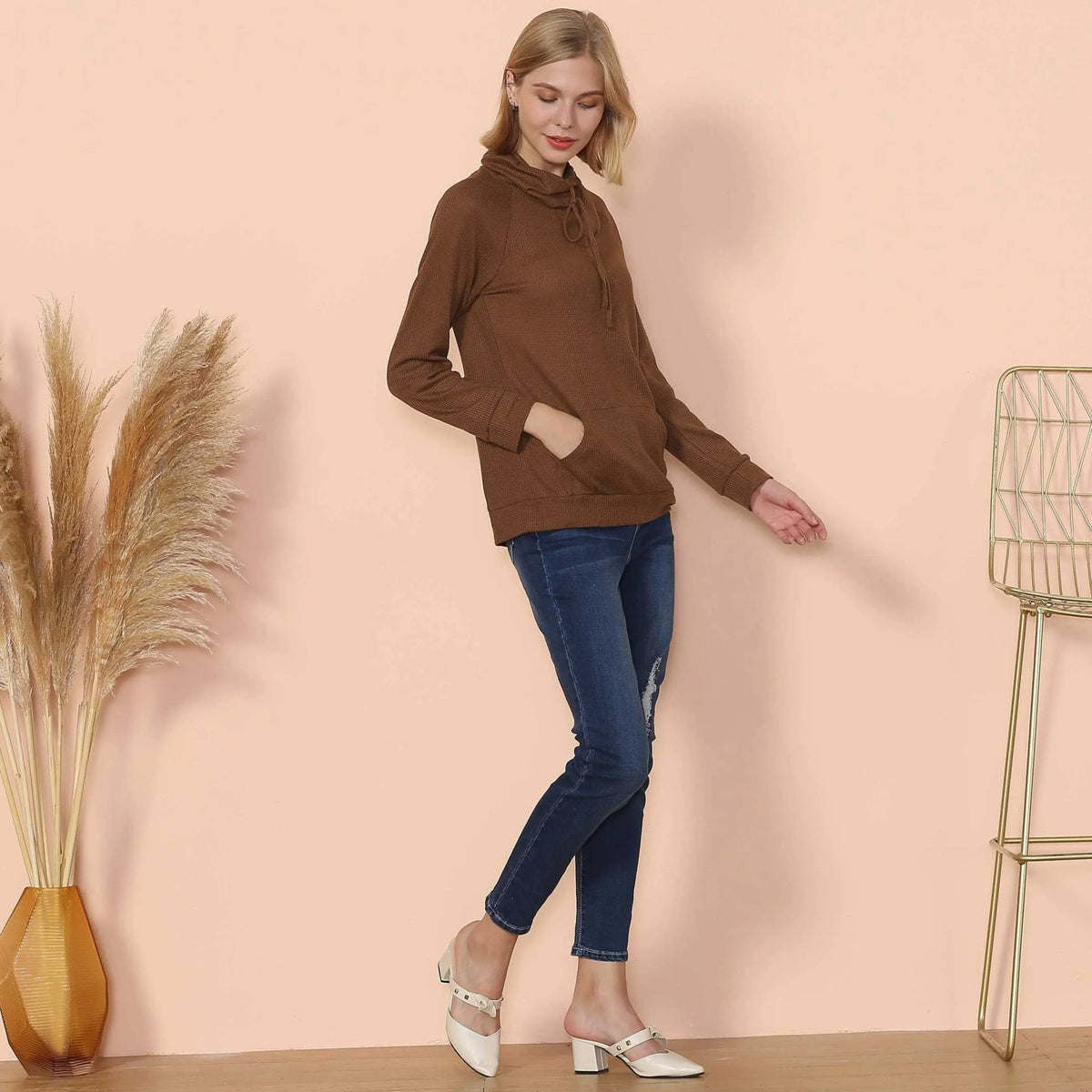 Waffle Knit Cowl Neck Pullover - Get it from Bo