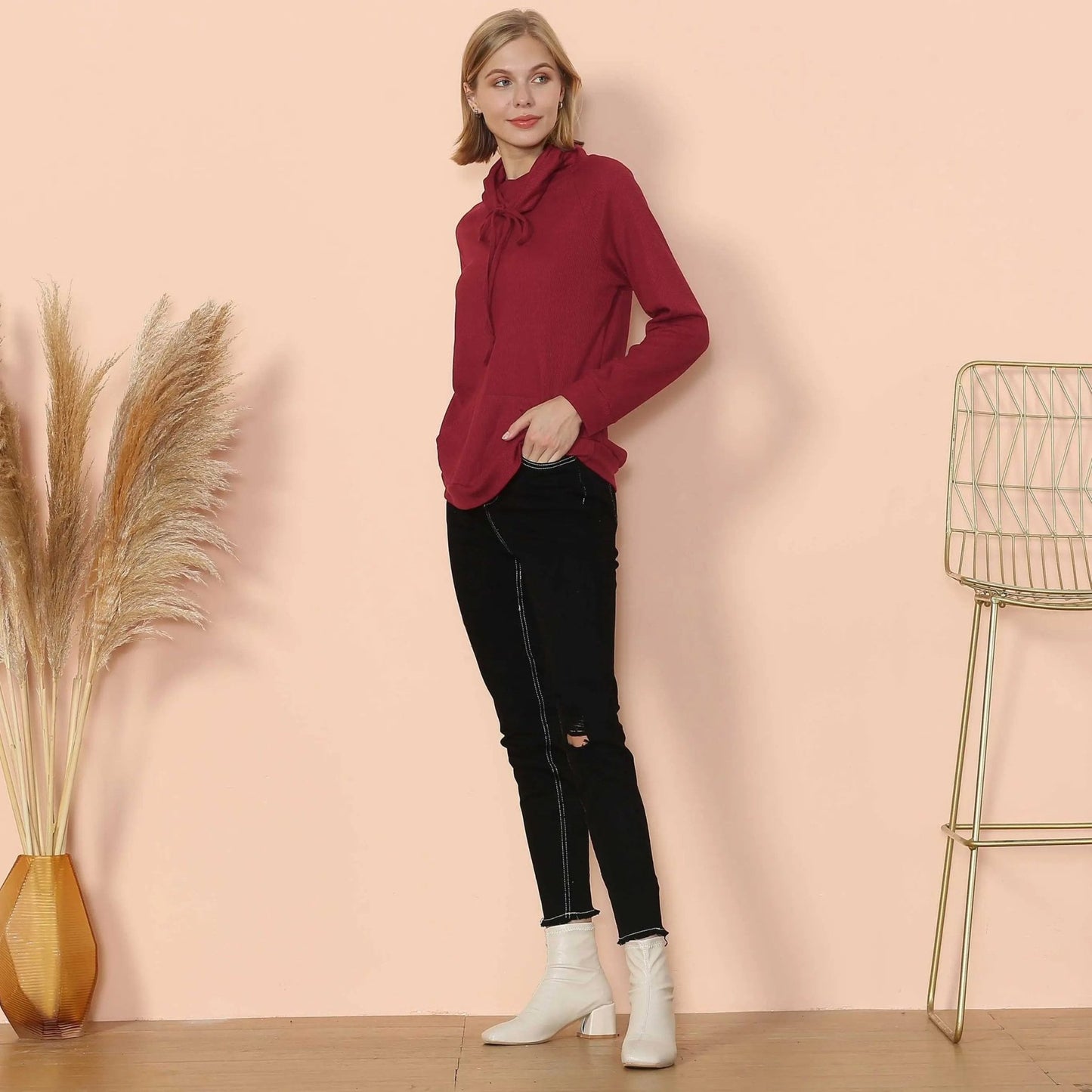 Waffle Knit Cowl Neck Pullover - Get it from Bo