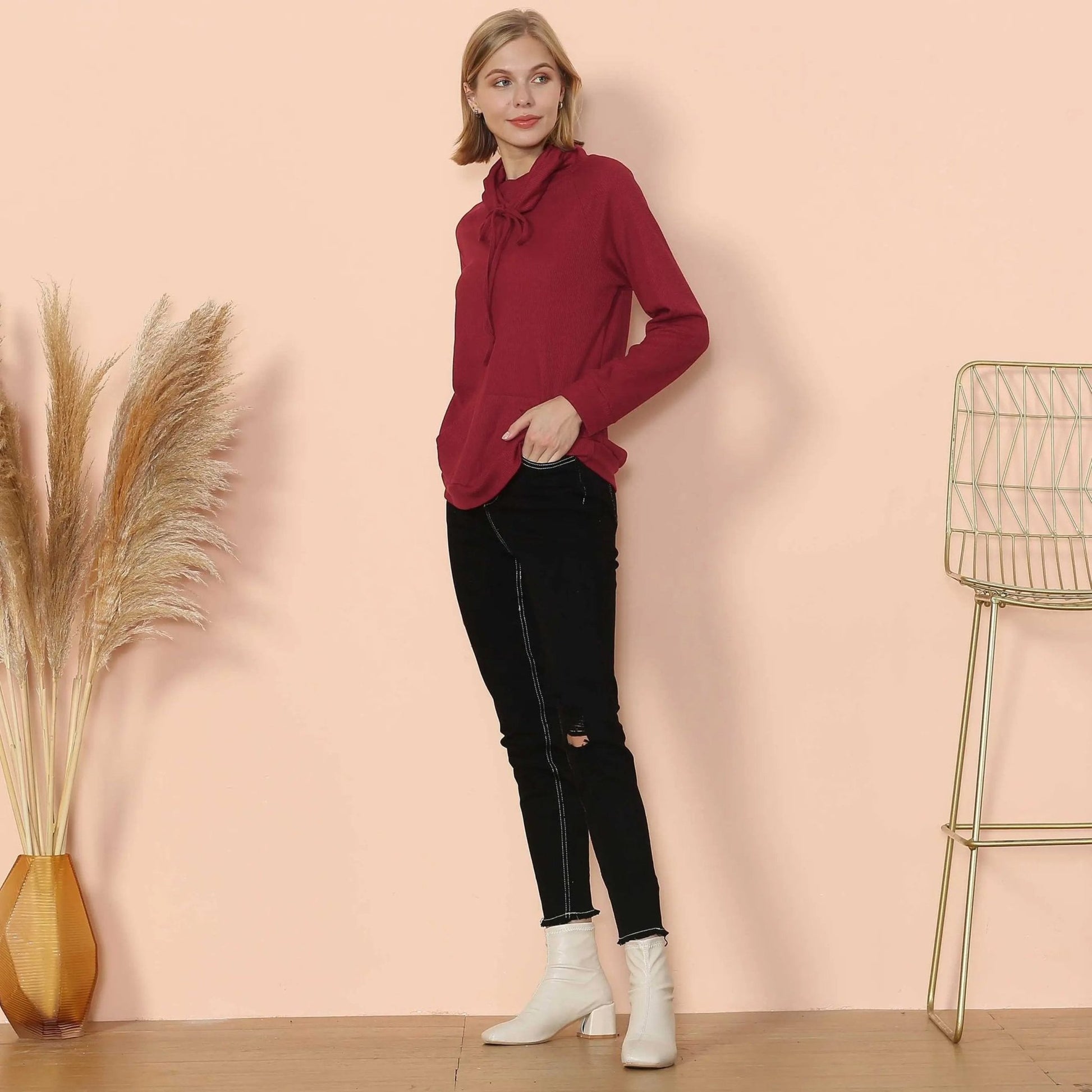 Waffle Knit Cowl Neck Pullover - Get it from Bo