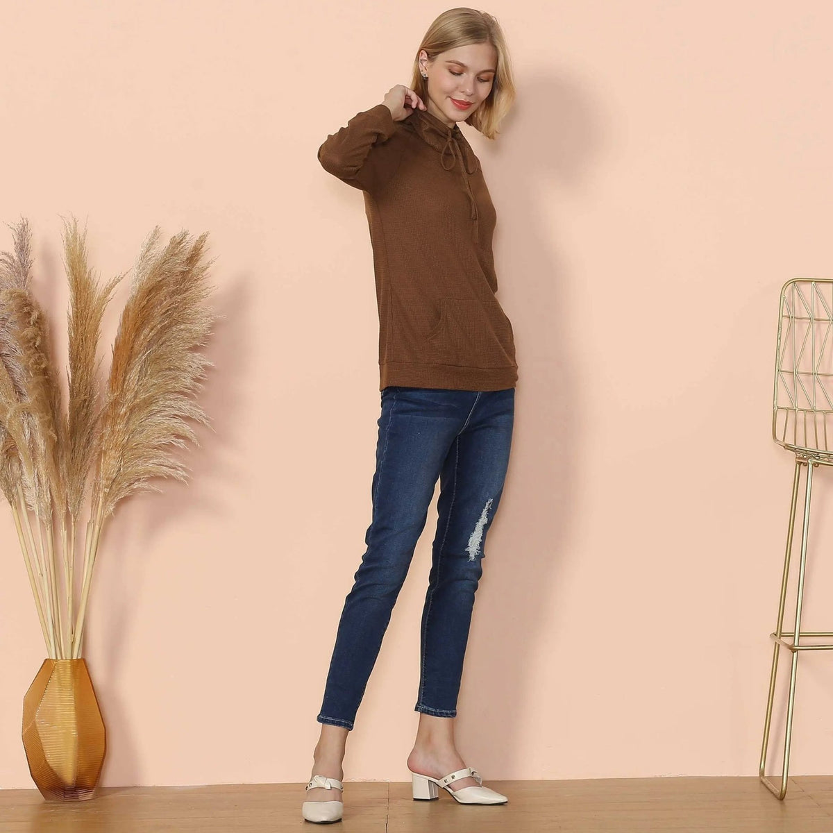 Waffle Knit Cowl Neck Pullover - Get it from Bo